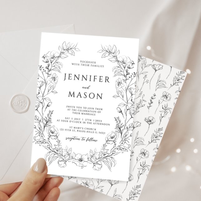 Invitation Délicat élégant noir blanc mariage de couronnes (Créateur téléchargé)