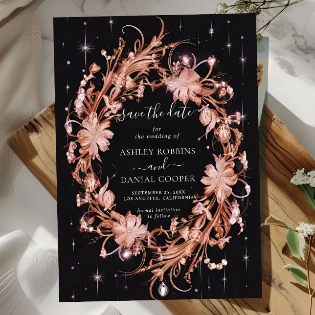 Invitation Délicat Floral Orné Noir Enregistrer La Date (Créateur téléchargé)