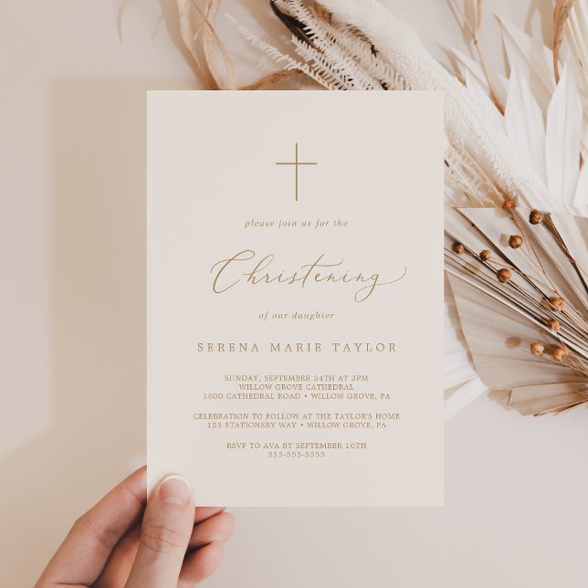 Invitation Délicat Gold Calligraphy Cream Cross Christening (Créateur téléchargé)