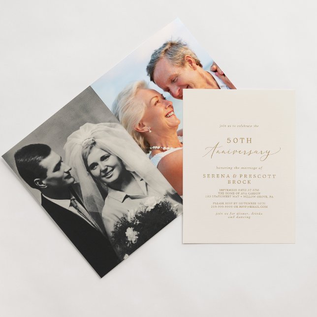Invitation Délicat Gold Cream Photo 50th Anniversaire plié (Créateur téléchargé)