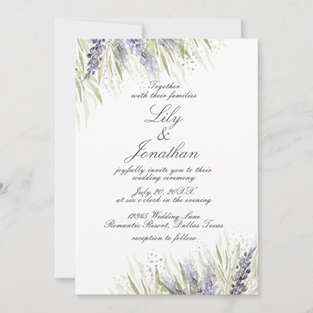 Invitation Délicat Mariage de verdure et de lavande (Devant)