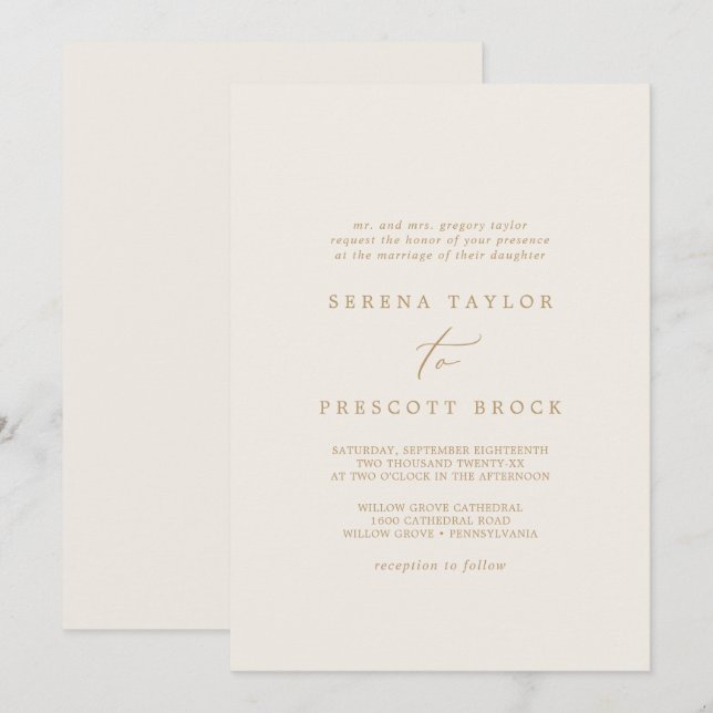Invitation Délicat Mariage traditionnel or et crème (Devant / Derrière)