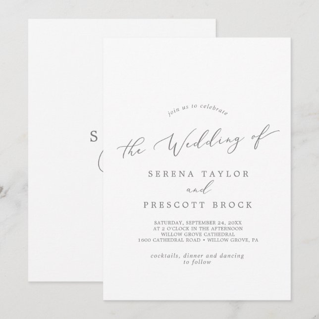 Invitation Délicat Silver Calligraphie Monogramme Mariage arr (Devant / Derrière)