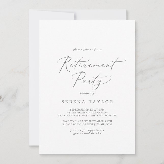 Invitation Délicat Silver Calligraphie Parti de retraite (Devant)
