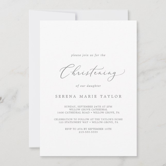Invitation Délicat Silver Calligraphy Christening (Devant)