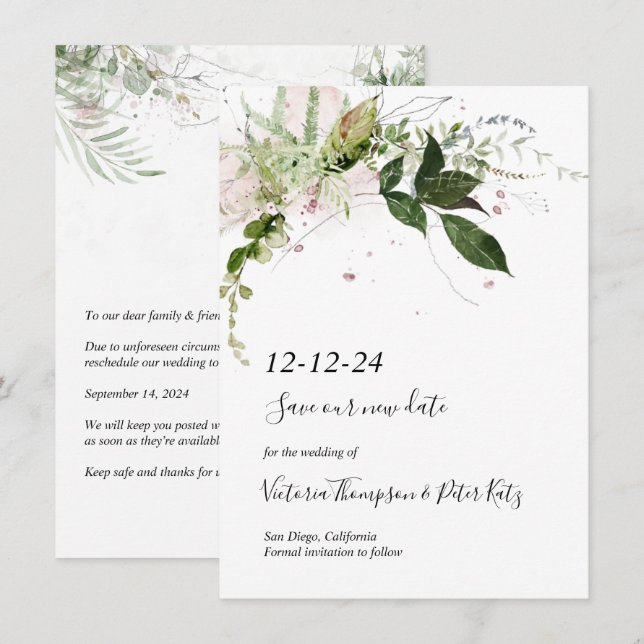Invitation Délicat vert floral Enregistrer la date (Devant / Derrière)