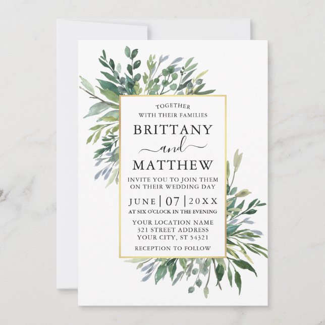 Invitation Delicate Aquarelle Verdure Mariage Or (Devant)