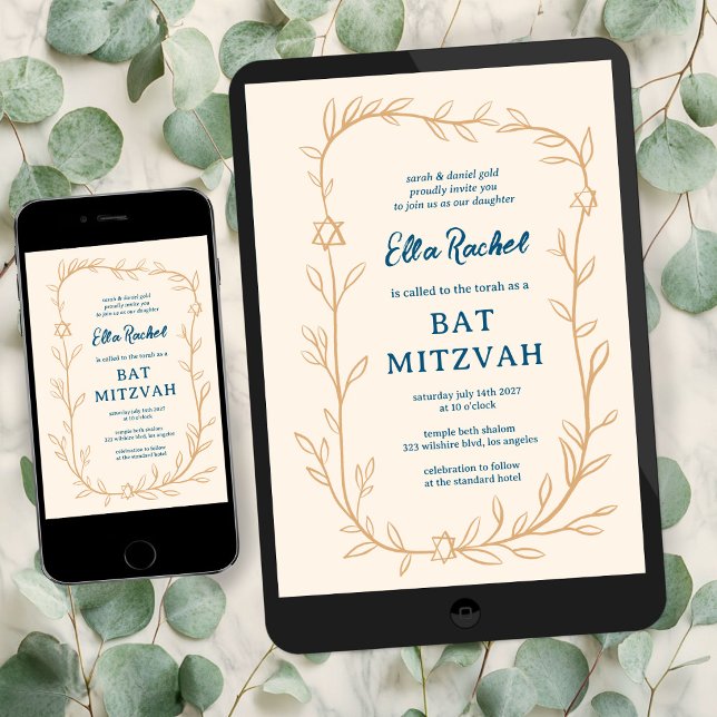 Invitation Délicate étoile botanique de David Bar Bat mitzvah (Delicate Botanical Star of David Bar Bat Mitzvah Dital DOwnload evite email Invitation
)