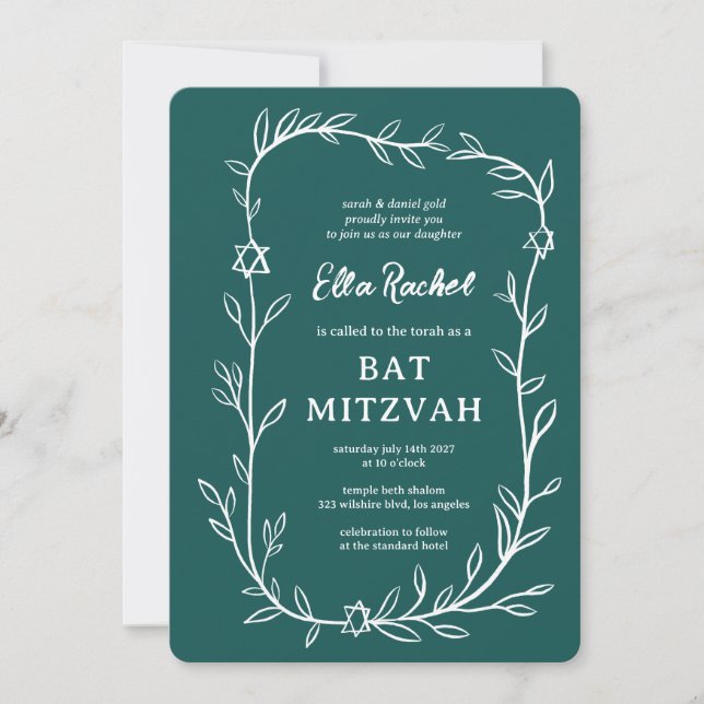 Invitation Délicate étoile botanique de David Bar Bat mitzvah (Devant)