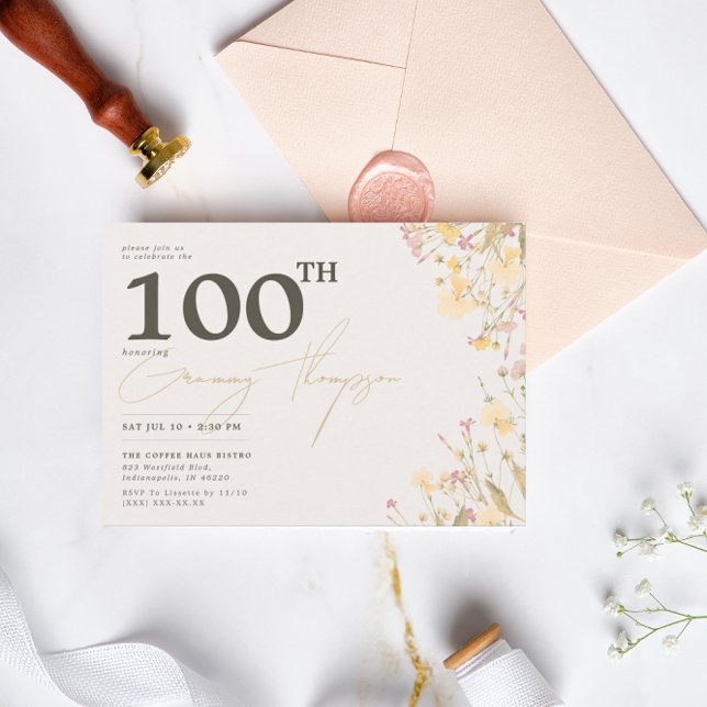 Invitation Delicate Fleur sauvage rose jaune 100e anniversair (Créateur téléchargé)