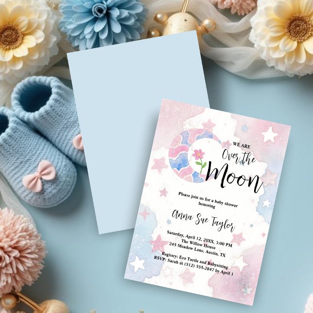 Invitation Delicate Glitter Crescent Moon Blue Baby Shower (Delicate Watercolor Style Glitter Crescent Moon with Pink Flower Inside on a Background with Stars.)