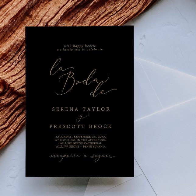 Invitation Delicate Gold Calligraphy Black La Boda De Wedding (Créateur téléchargé)