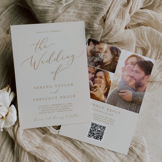 Invitation Delicate Gold Cream Photo Collage QR Code Mariage (Créateur téléchargé)