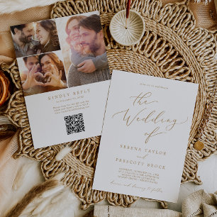Invitation Delicate Gold Photo Collage QR Code Mariage