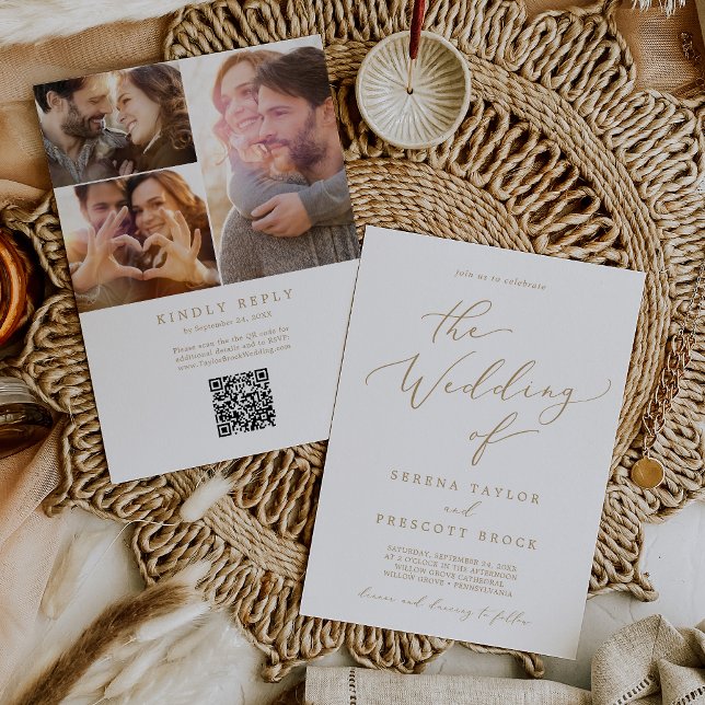 Invitation Delicate Gold Photo Collage QR Code Mariage (Créateur téléchargé)