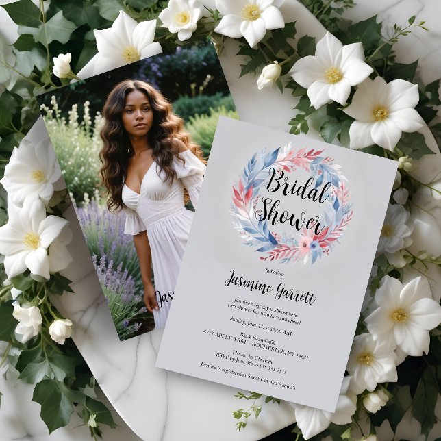 Invitation Delicate Grey Wreath Flowers Feathers & Leaves (Delicate Grey Wreath Flowers Feathers & Leaves Bridal Shower Invitations Cards. )