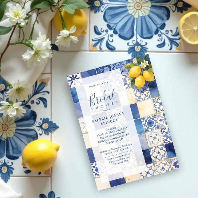 Invitation Delicate Mediterranean Tiles and Lemons Flowers (Delicate Mediterranean Tiles and Lemons Flowers in Blue Shades Wedding Bridal Shower Invitations.)