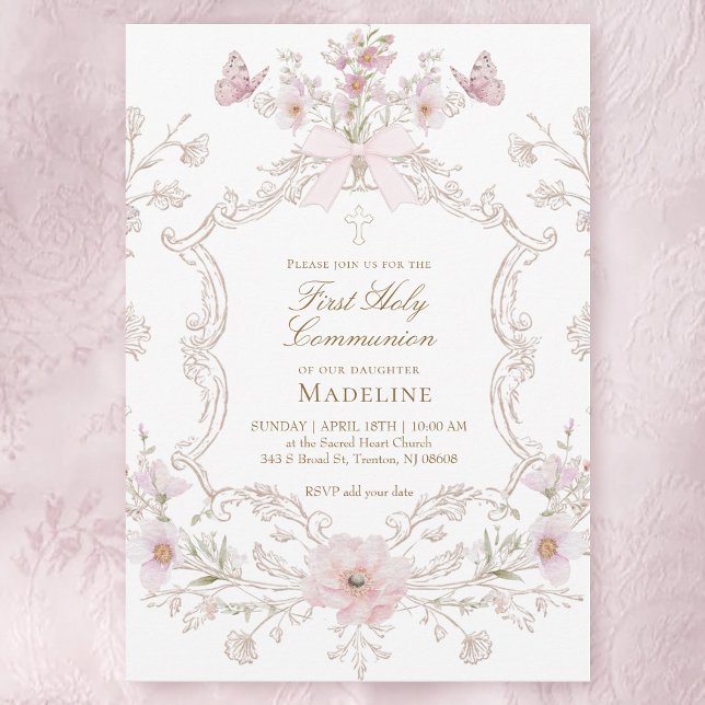 Invitation delicate pink flowers frame First Holy Communion (Créateur téléchargé)