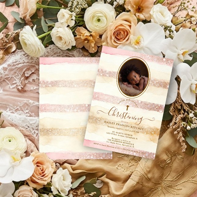 Invitation Delicate Romantic Glitter Stripes Baby Baptist (Delicate Romantic Glitter Stripes Baby Baptist Christening Invitation Card with Oval Photo. )