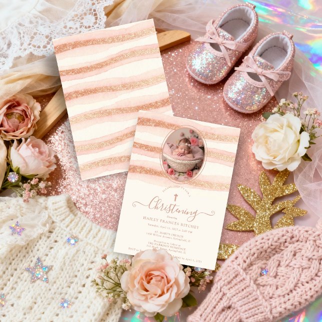 Invitation Delicate Romantic Rose Gold Glitter Baptist  (Delicate Romantic Rose Gold Glitter Style Christening Invitation Card with Oval Photo.)