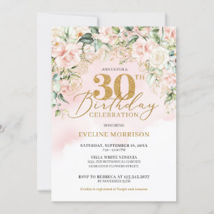Invitation Delicate rose pâle rose or vert 30e anniversaire