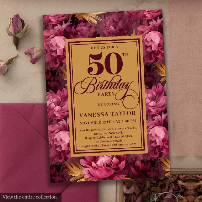 Invitation Délicieuse merlot blush or floral 50e anniversaire (Delicate merlot blush gold floral 50th birthday invite

)