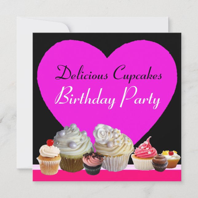 Invitation DÉLICIEUX CUPCAKES ANNIVERSAIRE FÊTE coeur rose no (Devant)