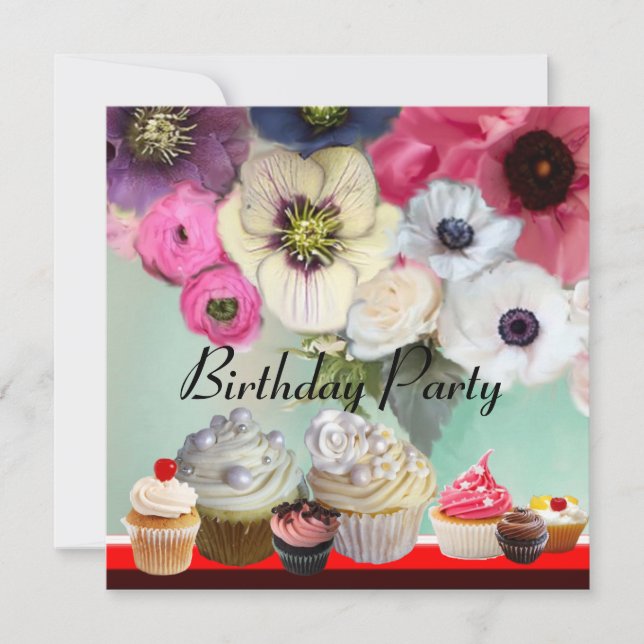 Invitation DÉLICIEUX CUPCAKES ANNIVERSAIRE FÊTE, rouge rose n (Devant)