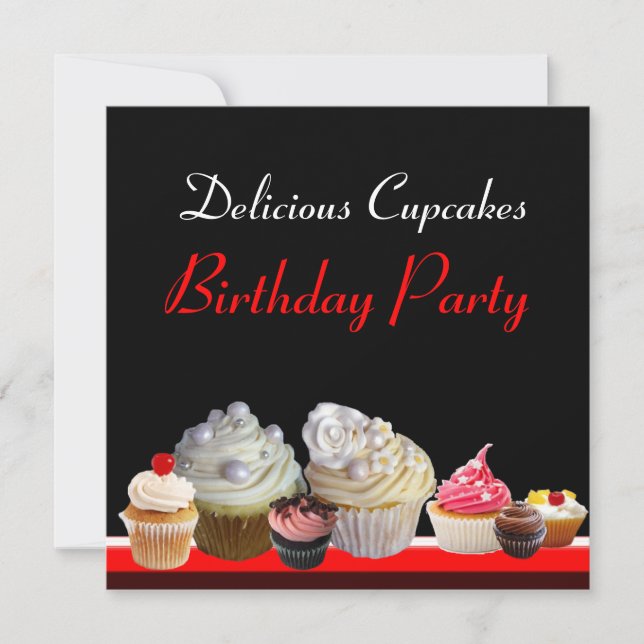 Invitation DÉLICIEUX CUPCAKES ANNIVERSAIRE FÊTE, rouge rose n (Devant)