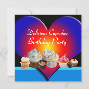 Invitation DÉLICIEUX CUPCAKES ANNIVERSAIRE PARTI Bleu Coeur r