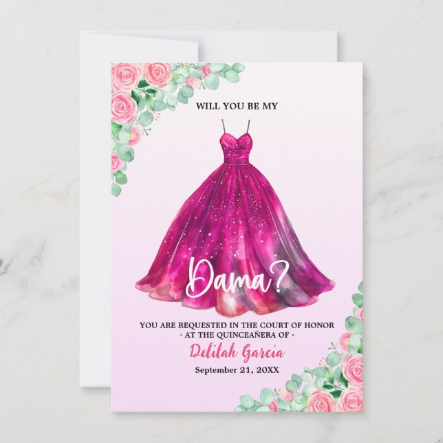 Invitation Demande de Dama de Quinceañera Formel Rose Élégant (Devant)
