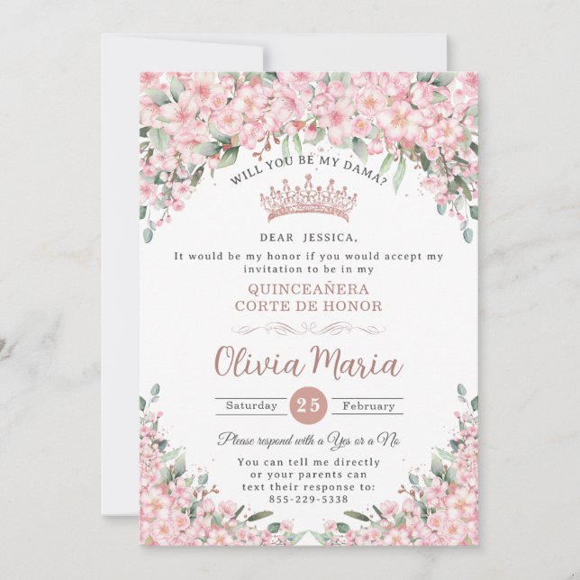 Invitation Demande de Dama Or Rose en fleurs de cerises Quinc (Devant)