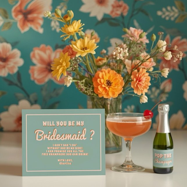 Invitation Demande Demoiselle d'Honneur Groovy Gras Bleu Rose (Créateur téléchargé)