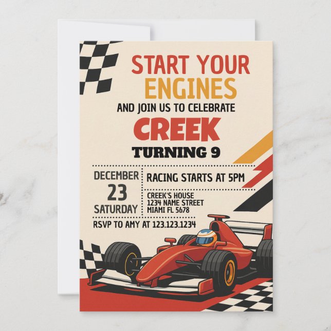 Invitation Démarrez Vos Moteurs ! Voiture de course Invitatio (Devant)
