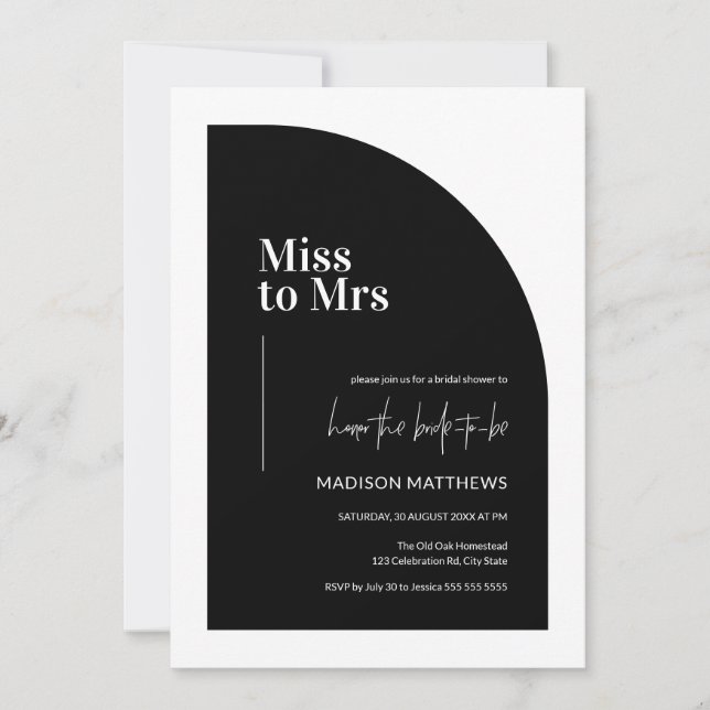 Invitation Demi-arc minimal Mlle à Mme Black & White (Devant)