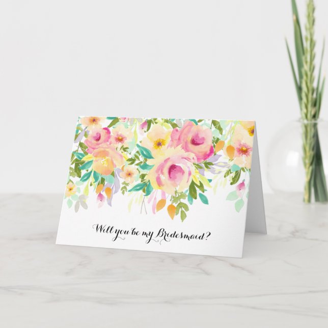 Invitation Demoiselle d'honneur florale d'aquarelle rose et (Devant)