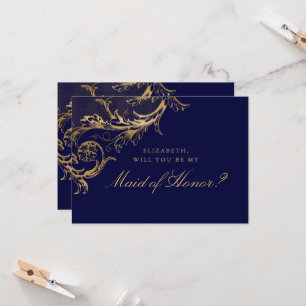 Invitation Demoiselle d'honneur florale en bleu or vintage da