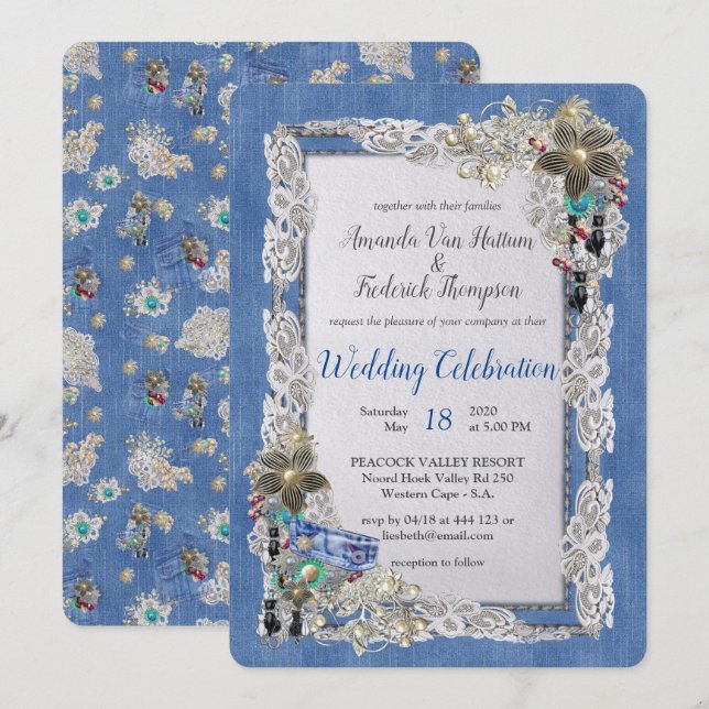 Invitation Denim avec dentelle de crème et bijoux costume (Devant / Derrière)