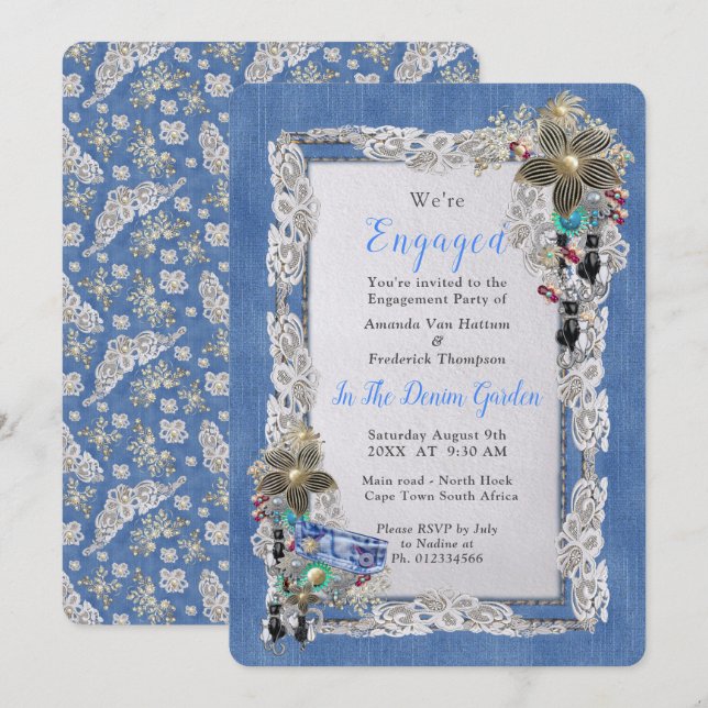 Invitation Denim avec dentelle de crème et bijoux costume (Devant / Derrière)