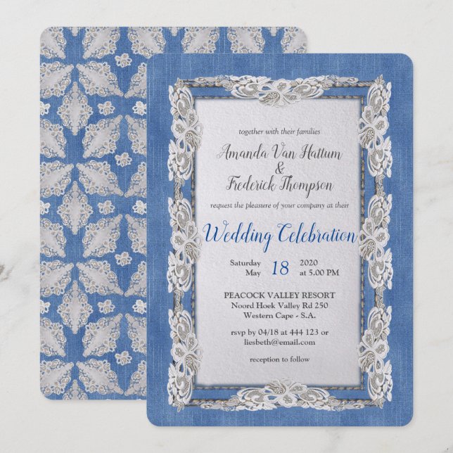 Invitation Denim avec dentelle de fleur de crème (Devant / Derrière)