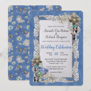Invitation Denim avec dentelle de fleurs crème et bijoux fant