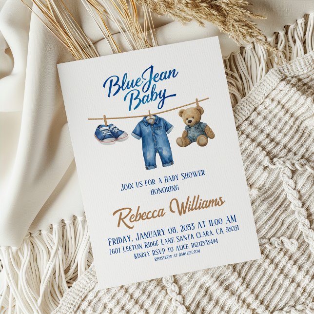 Invitation Denim Bear Clothesline Boy Blue Jean Baby shower (Créateur téléchargé)