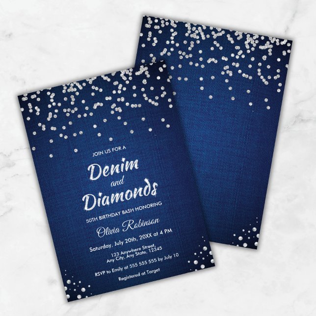 Invitation Denim bleu et diamants 50e anniversaire (Blue Denim and Diamonds 50th Birthday Invitation   )