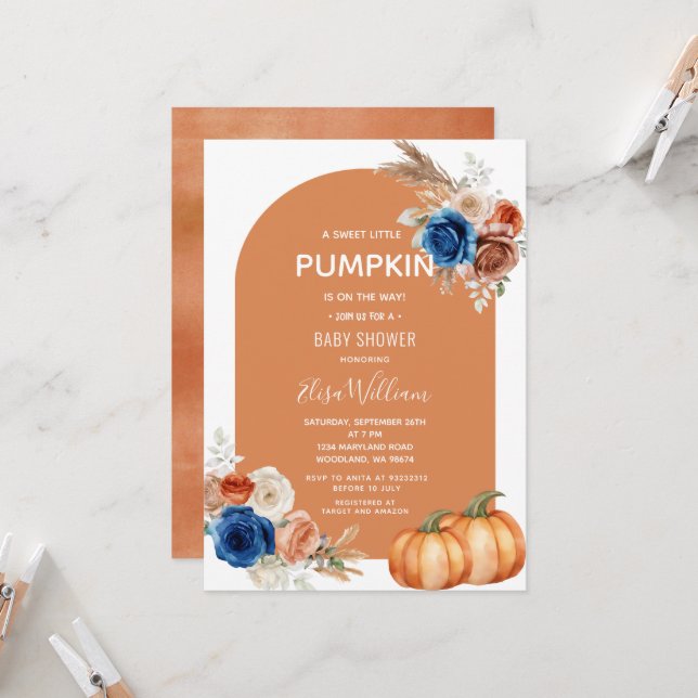 Invitation Denim Blue Rust Orange Citrouille Baby shower Flor (Devant/Arrière en situation)