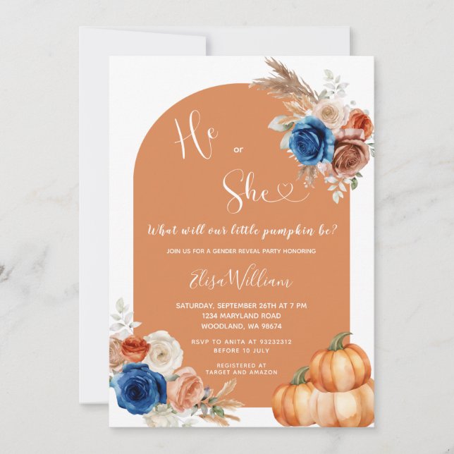 Invitation Denim Blue Rust Orange Citrouille Genre Reveillez (Devant)