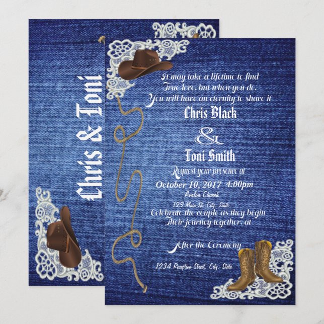 Invitation Denim, Boots & Lace Wedding (Devant / Derrière)