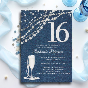 Invitation Denim Diamants Perles Champagne ÉlégantSweet 16