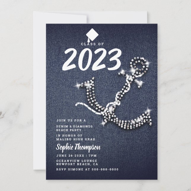 Invitation Denim Diamond Ancre Beach Blue Graduation Party (Devant)