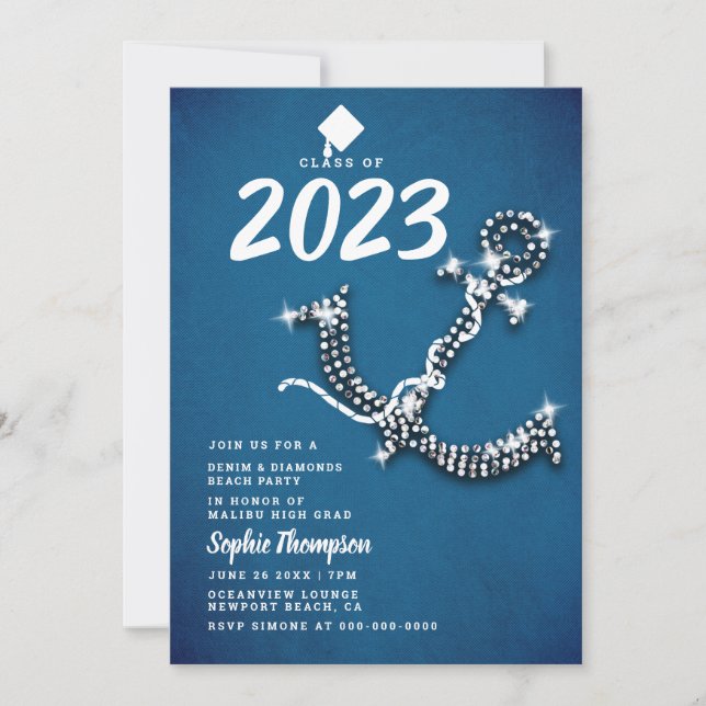 Invitation Denim Diamond Bling Ancre Beach Graduation Party (Devant)