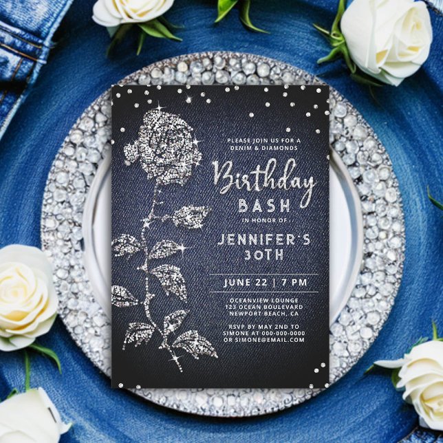 Invitation Denim Diamond Bling Rose Indigo Blue 30e anniversa (denim and diamonds birthday invitation 30th women bling rose rhinestones glitter glitz glam classy)